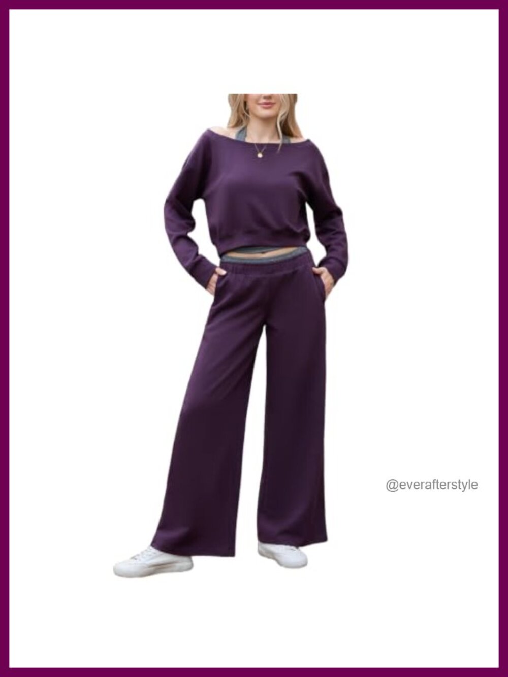 3 Piece Lounge Set Off Shoulder Wide Leg Pants Pockets Cotton Blend